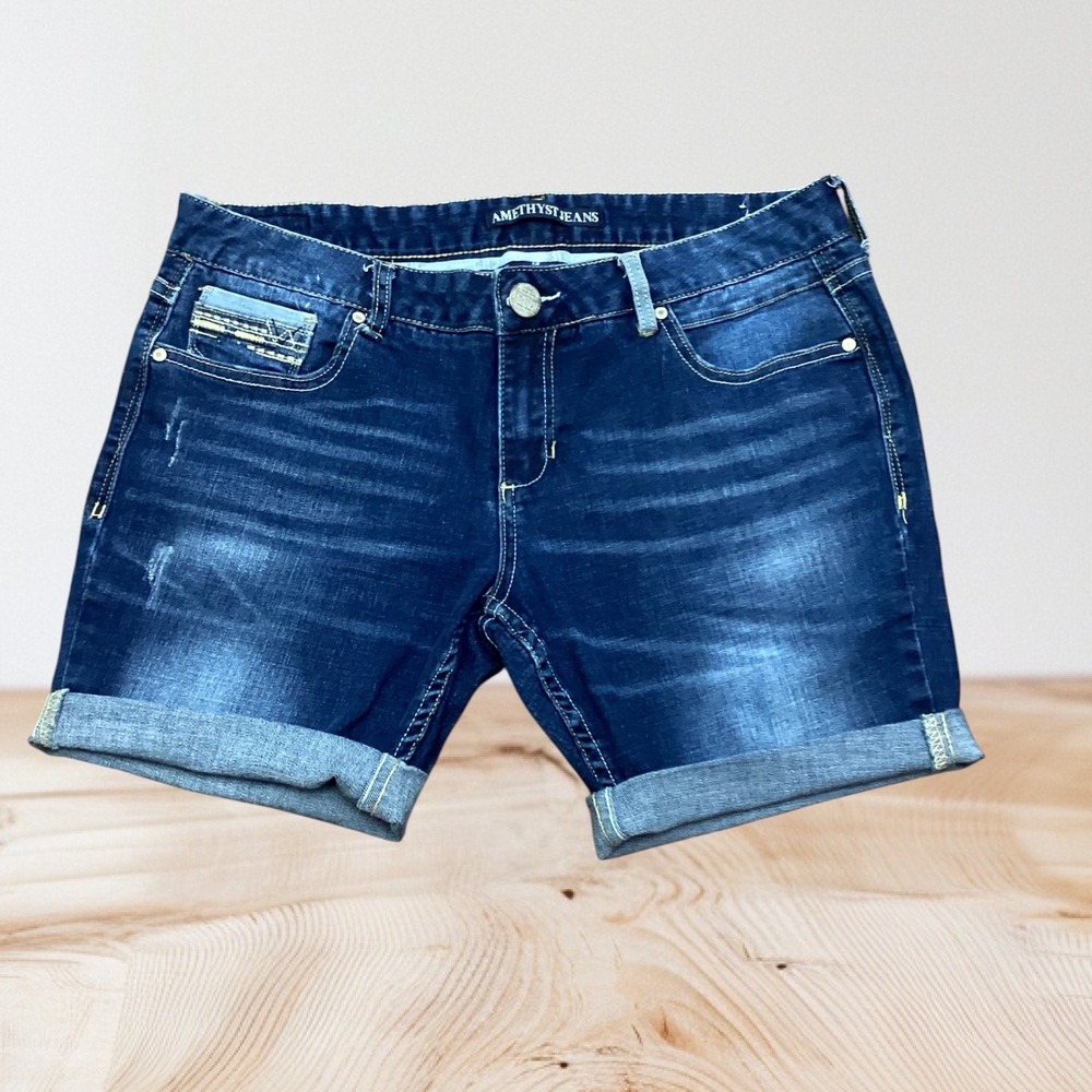 Amethyst Jeans Womens Size 13 Short Dark Wash Cuffed Denim Bermuda Shorts Blue